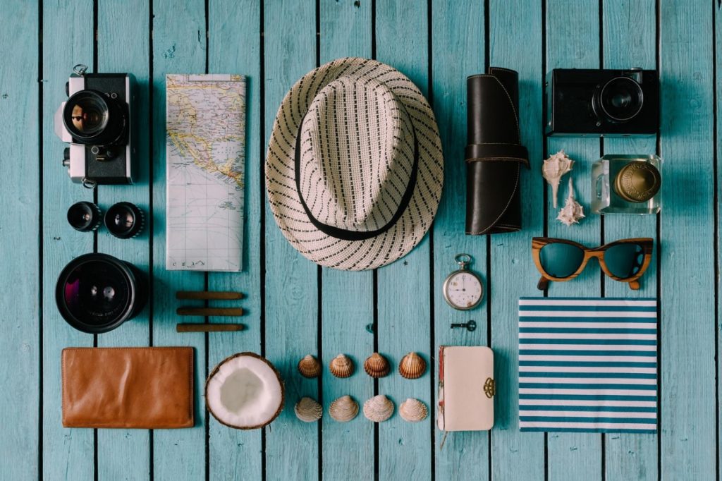 Summer vacation things neatly organised. Travel concept. Flat lay.