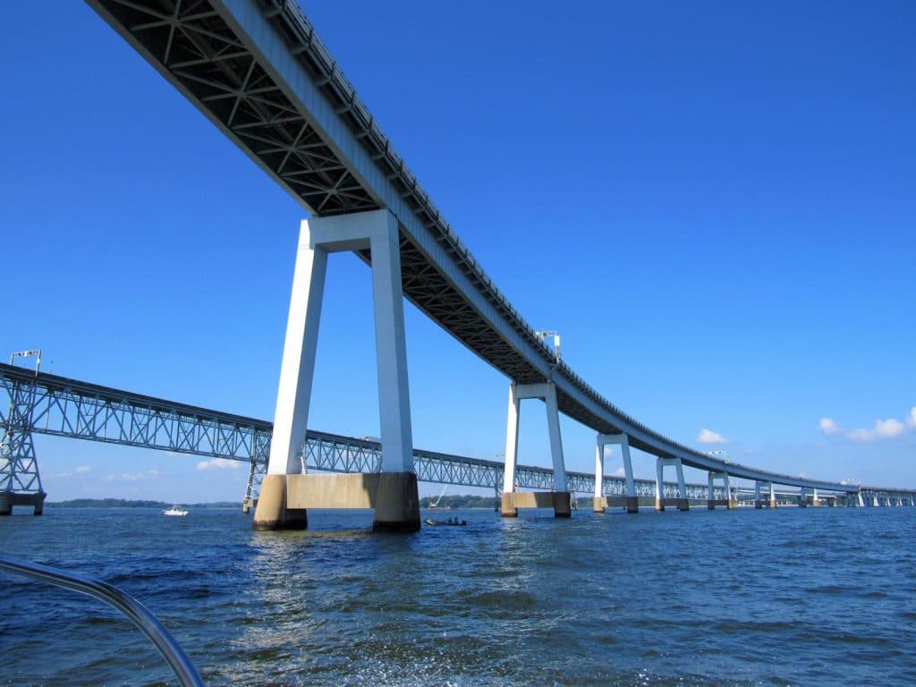Chesapeake Bay Bridge on a sunny summer day seen from a boat on the Chesapeake Bay near Annapolis, Maryland USA